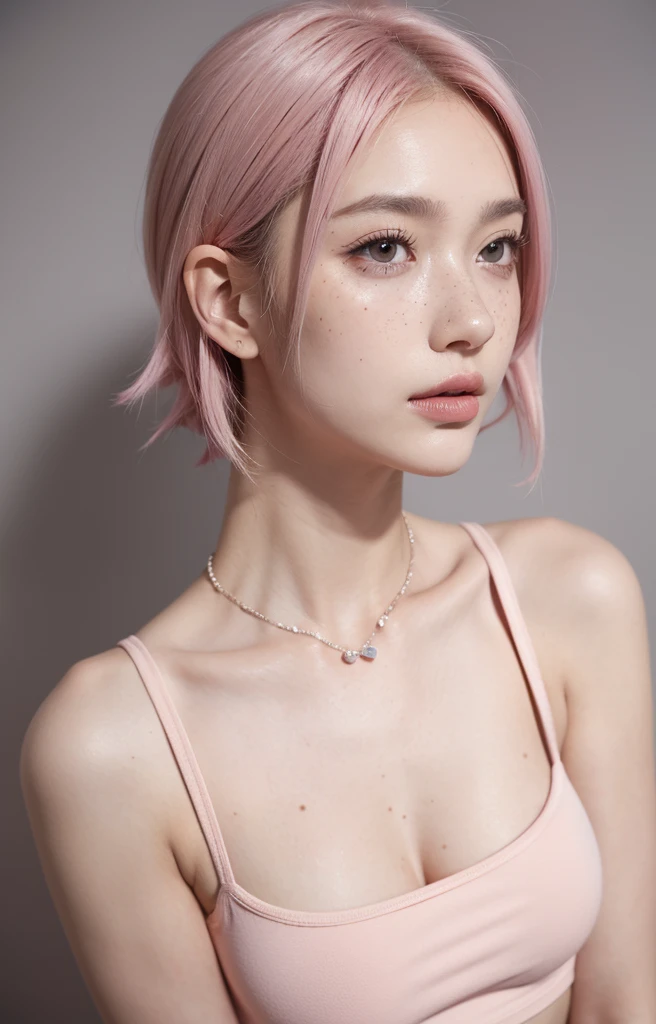 Background (Street),Cute girl short pink hair, clothes black black black shirt, panties,all her hair short pink , with a star clip in her pink hair, light colored eyes, pretty eyes, crying eyes, pretty, upturned nose, watery nose, Pretty lips, pink lips, heart and cupid shaped lip, pretty skin, pale, White skin, with moles and freckles all over his face, soft pink blush on the cheeks, natural pink blush, soft pink makeup, Jennie, nice neck, marked collar, frown, tender look, with a kiss necklace, while having a bare abdomen, Delgado, marked and pretty, (big breasts, soft breasts, nice breasts), , night look, city light, photorealism, 8k , photorealistic
