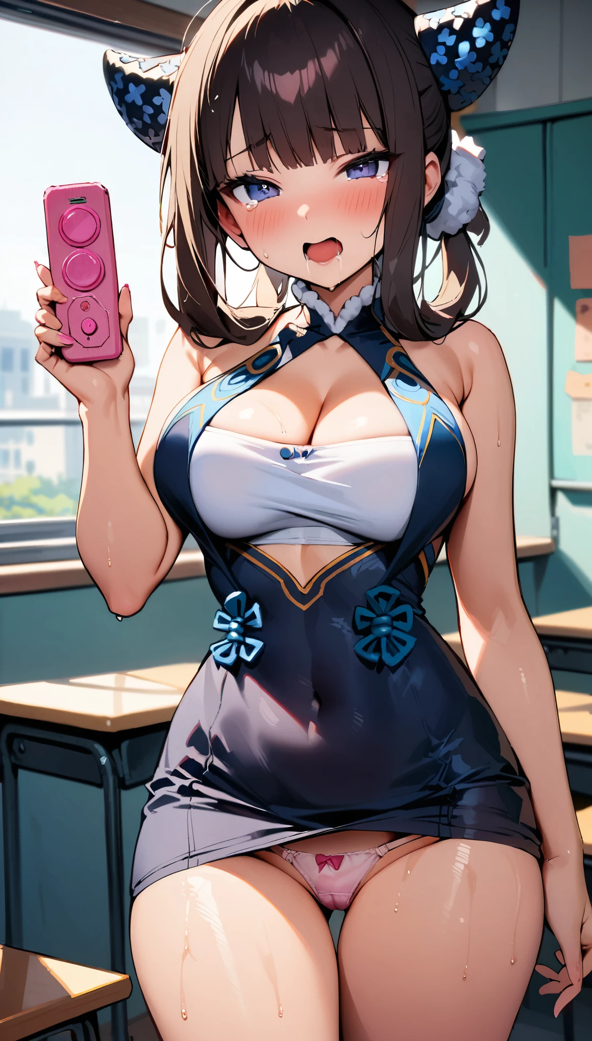 1girl, Yang Guifei \(fate\), fate/Grand Order, (throw_hand, pink vibrator remote switch in throw_hand, throw:1.2), Highest quality, Super detailed, masterpiece, Ultra-high resolution, 8K, Ridiculous, Cowboy Shooting, Blurred, One girl, Focus on the girl, Embarrassing, blush, Lovely, Close one eye, With tears in her eyes and her mouth open, What saliva leaves behind, Wet skirt hem, (Sticky panties:1.1), Bulging of the vibrator cord, Vibrator with Garters, (cleavage), Classroom Background, The skirt is accidentally exposed,(large breasts), (crop top navel), (waist line), Accidentally exposed panties