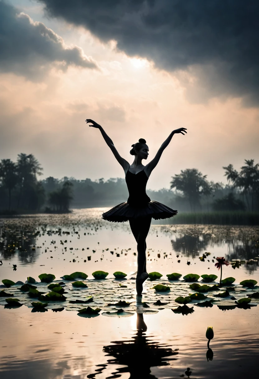 rainstorm,Rain splash,Girl shows black silhouette,Contrast with bright background,ballet silhouette,High contrast,Silhouette ballerina on the lake,lotus, lily pad,Shooting against the light,