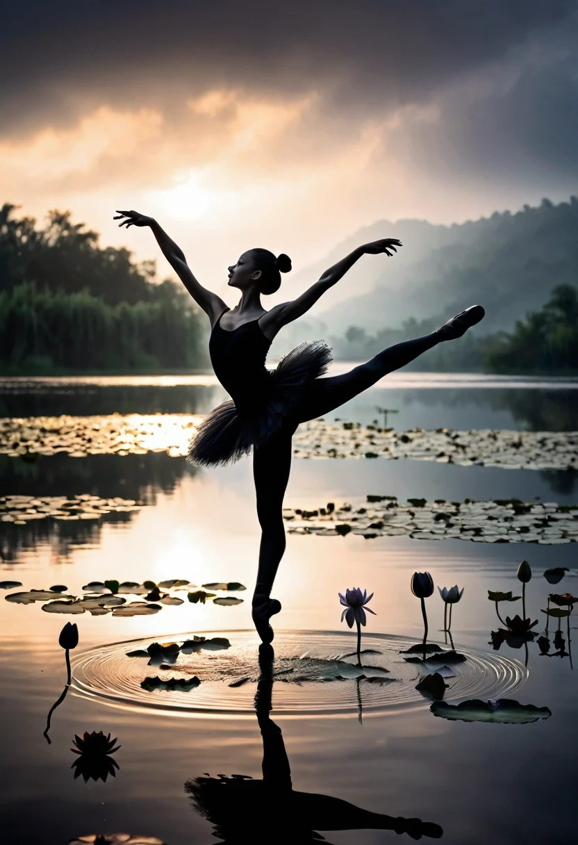 rainstorm,Rain splash,Girl shows black silhouette,Contrast with bright background,ballet silhouette,High contrast,Silhouette ballerina on the lake,lotus, lily pad,Shooting against the light,