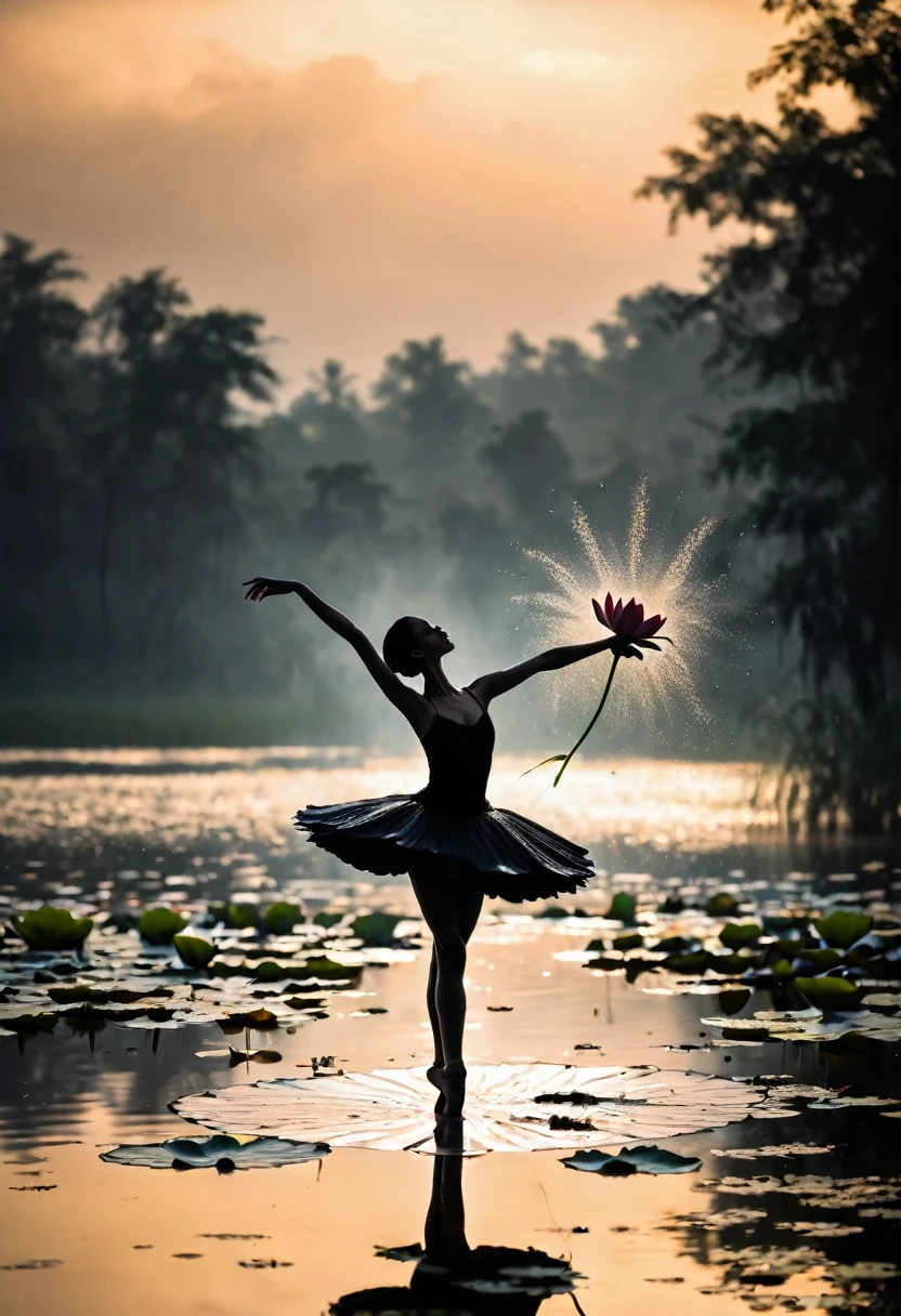 rainstorm，Rain splash，Girl shows black silhouette,Contrast with bright background,ballet silhouette,High contrast,Silhouette ballerina on the lake,lotus, lily pad，Shooting against the light，