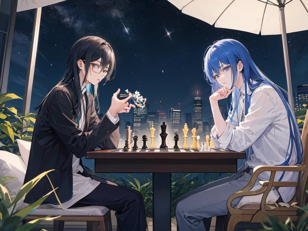((Highest quality)), ((masterpiece)), A man with androgynous long blue hair and a man with black hair and glasses are playing a serious game of chess (Facing each other) Outdoors at night beauttiful stars Both are 29 years old.