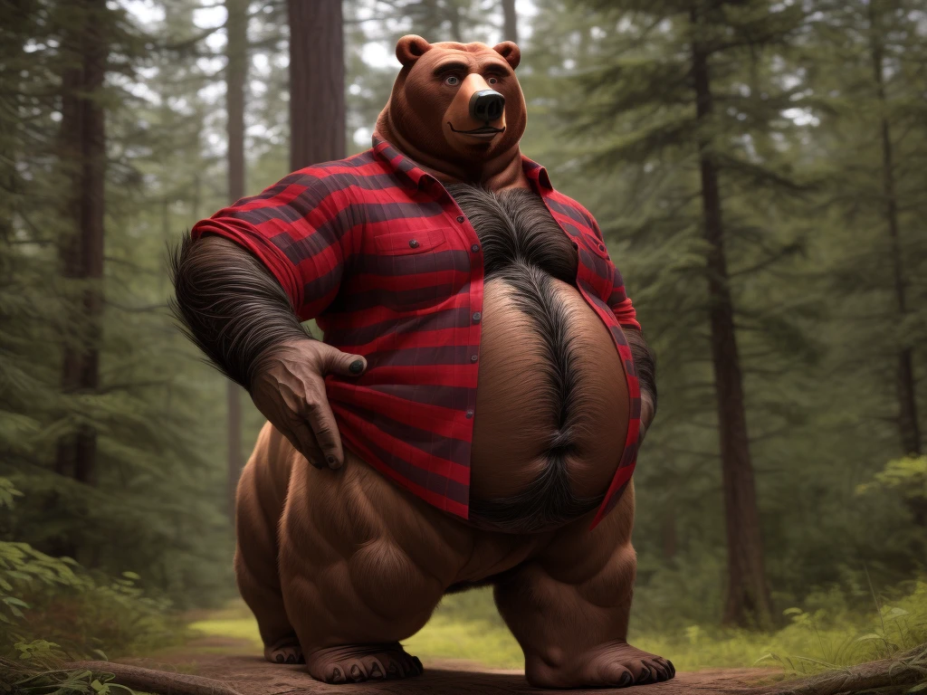 furry, fur taur, beartaur, middle-aged, 1man,  solo, red_shirt, shirt, open_shirt, hairy, arm_hair, leg_hair, short_hair, old, old_man, pectorals, large_pectorals, detailed face, bear ears, bear eyes(brown), bear nose(black), bear mouth, garibaldi beard(grey), mature hair(grey), detailed arms, thick arms, muscular, muscular_male, thick hands(5 fingers), detailed body belly, thick body, muscle belly(white), thick chest, chest hair(grey), detailed taur body, thick taur body, thick bear paws, thick bear tail, full body shot, standing in the woods