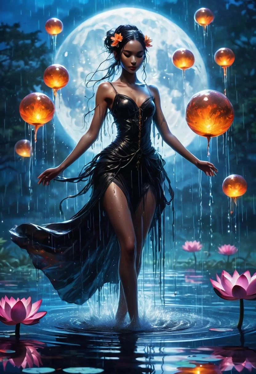 heavy rain,Rain splash,In the middle of the lake, Mysterious female black silhouette in the middle of the night, Surrounded by glowing spheres, Summoners dance to appease the spirits of the dead. Ceremonial canvas clothing. Sensual. Multiple magic arrays. Dynamic dance. Water Lily. Colorful palette.