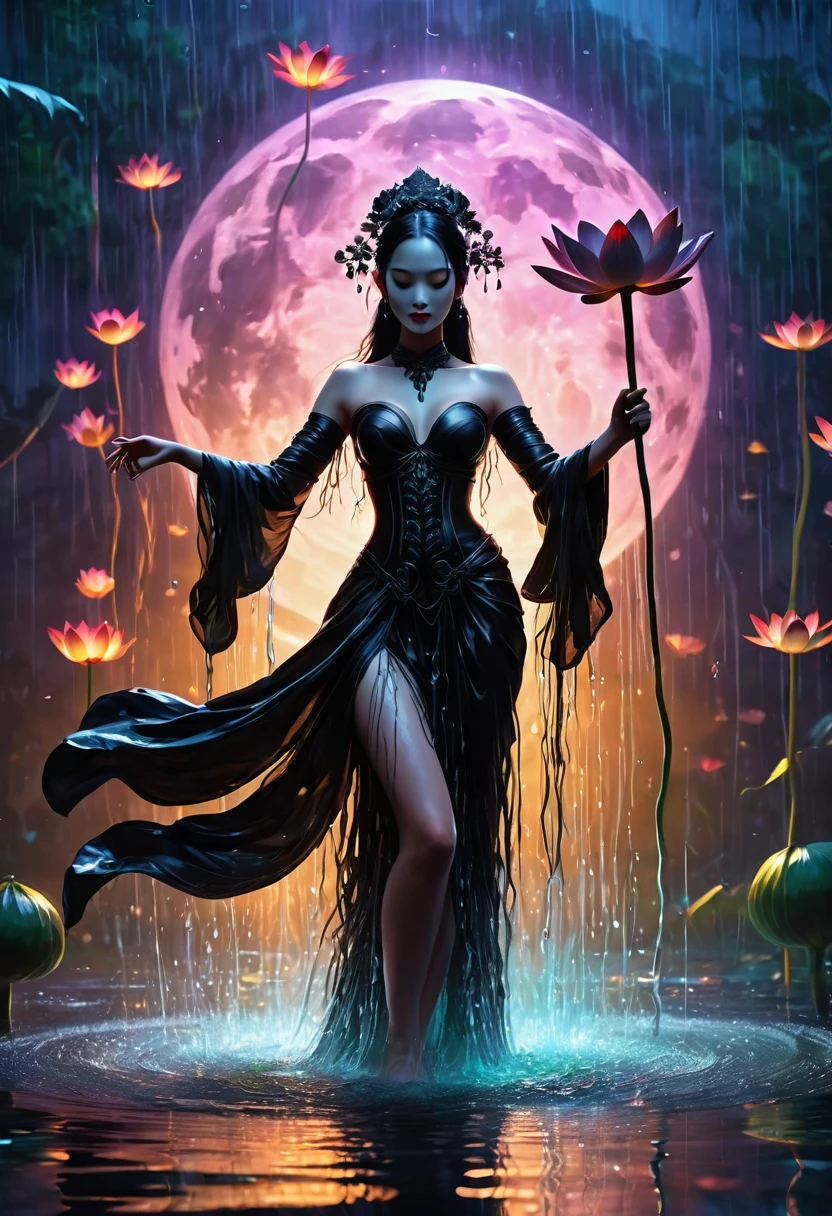heavy rain，Rain splash，In the middle of the lake, Mysterious female black silhouette in the middle of the night, Surrounded by glowing spheres, Summoners dance to appease the spirits of the dead. Ceremonial canvas clothing. Sensual. Multiple magic arrays. Dynamic dance. Water Lily. Colorful palette.