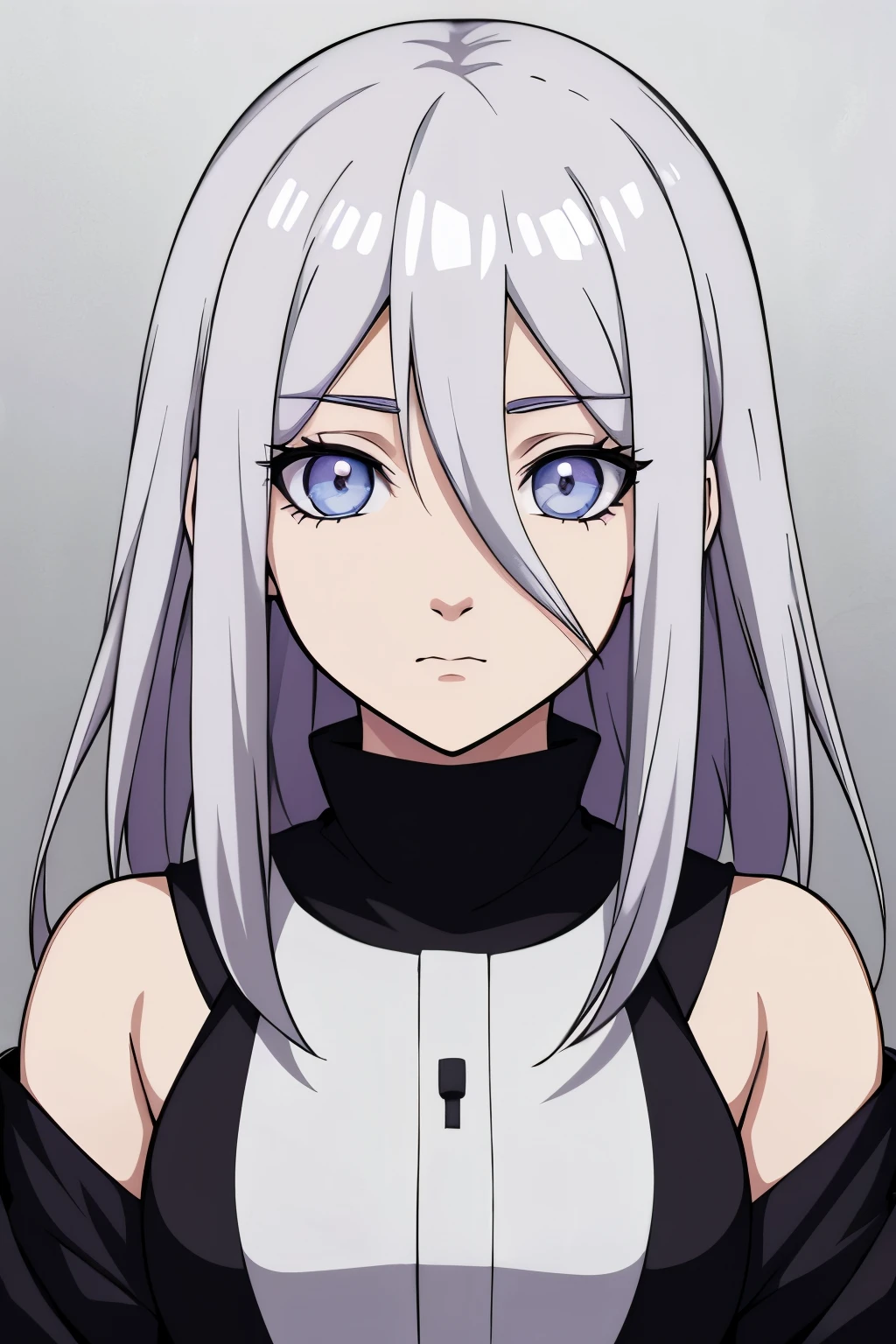 (high-quality, breathtaking),(expressive eyes, perfect face) portrait, Symmetrical Eyes, 1girl, female, solo, teenager, short height, white hair, white coloured eyes, byakugan, naruto art style, long hair, fluffy hair, feminine face, grey background, detailed eyes, hyuga, Ōtsutsuki, naruto ninja attire, neutral expression, soft smile, purple and black clothing, white trim, long sleeves, white dress, hair between eyes, bare shoulders, jacket
