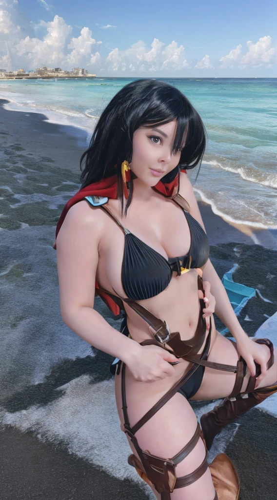 there is a woman holding a giant catfish in her hands on the beach, realistic bikini, photorealistic perfect body, realistic water, highly detailed giantess shot, realistic shaded perfect body, quiet from metal gear solid v, swimsuit, ultra realistic picture, overwatch tracer in a bikini, photorealistic picture, deviantart artstation cgscosiety, photorealistic digital painting,SAM YANG