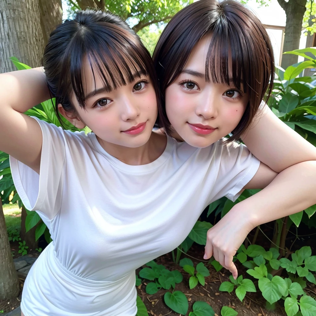 Two girls standing at ear window in school classroom,Navy blue wanbi with white border,break,bangs,smile,Short hair with low pigtails,from before,Front light,((12 year old 、slender、delicate、Sexy clavicle and flat chest、Very small breasts))、My whole body is soaked