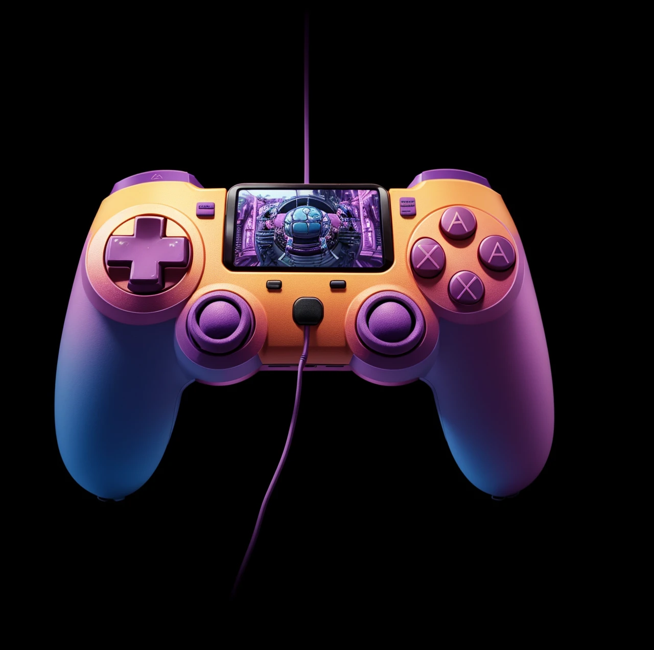 [purple Videogame controller], [digital illustation], [Cartoonish style with an emphasis on comedy], [Inspiration in a time of hilarious confusion], [Instagram de artistas], [High definition to highlight the details of the confusing expression], [Vibrant and funny color palette], [Lighting that accentuates the comedy of the situation], [Macro camera lens for funny details] [Comedic perspective], [Artistic quality of digital illustration]