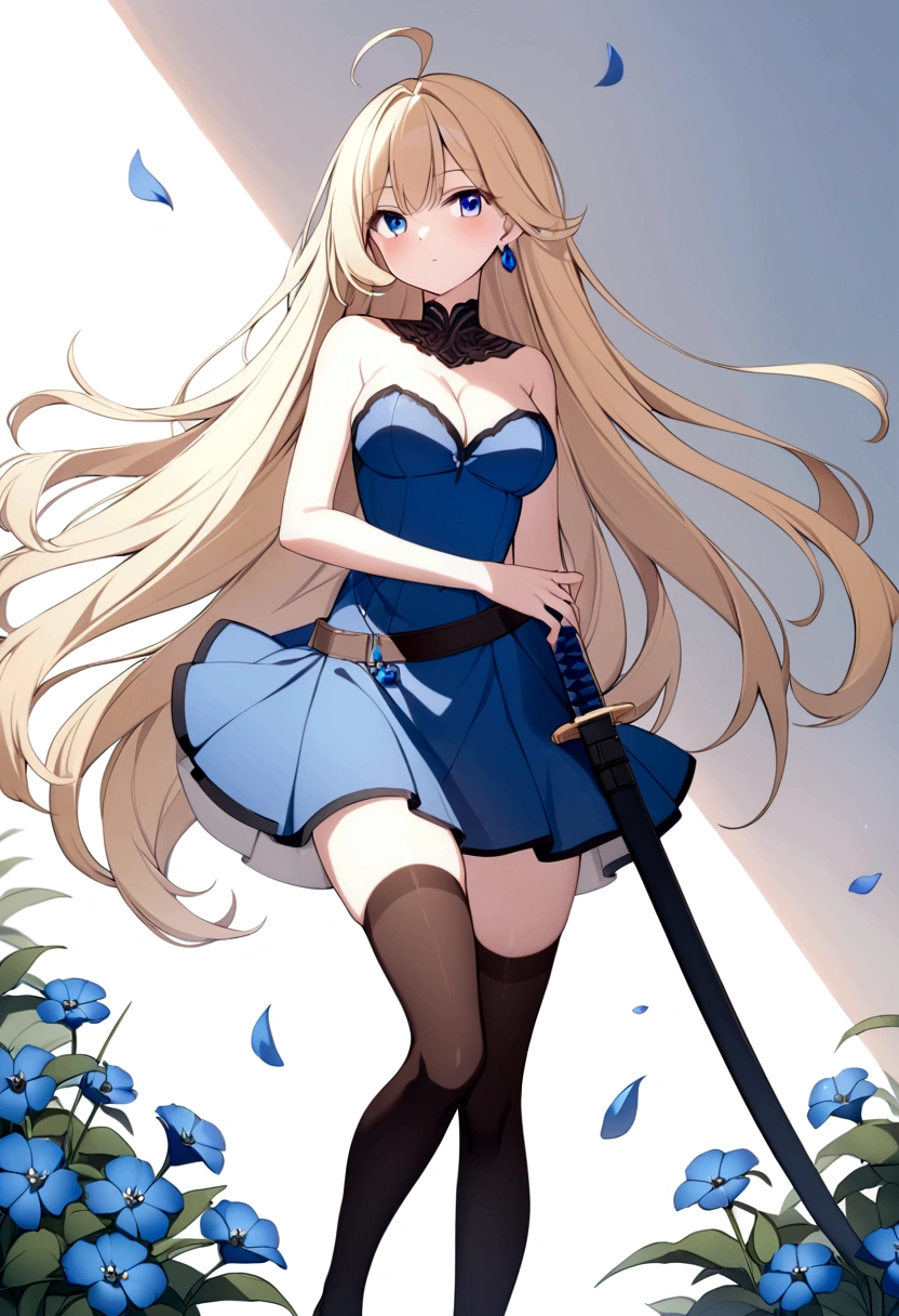 slender, mature female, 1girl, petals, breasts,thighhighs, long_hair, dress, blonde_hair, blue_eyes, flower, cleavage, blue_dress, solo, sleeveless, black_legwear, sleeveless_dress, very_long_hair, looking_at_viewer, floating_hair, sheath, medium_breasts, belt, sheathed, bare_shoulders, large_breasts, ahoge, white_flower, brown_legwear, blue_flower, eyebrows_visible_through_hair, bangs, closed_mouth, zettai_ryouiki, jewelry, strapless, bare_arms, earrings, blush