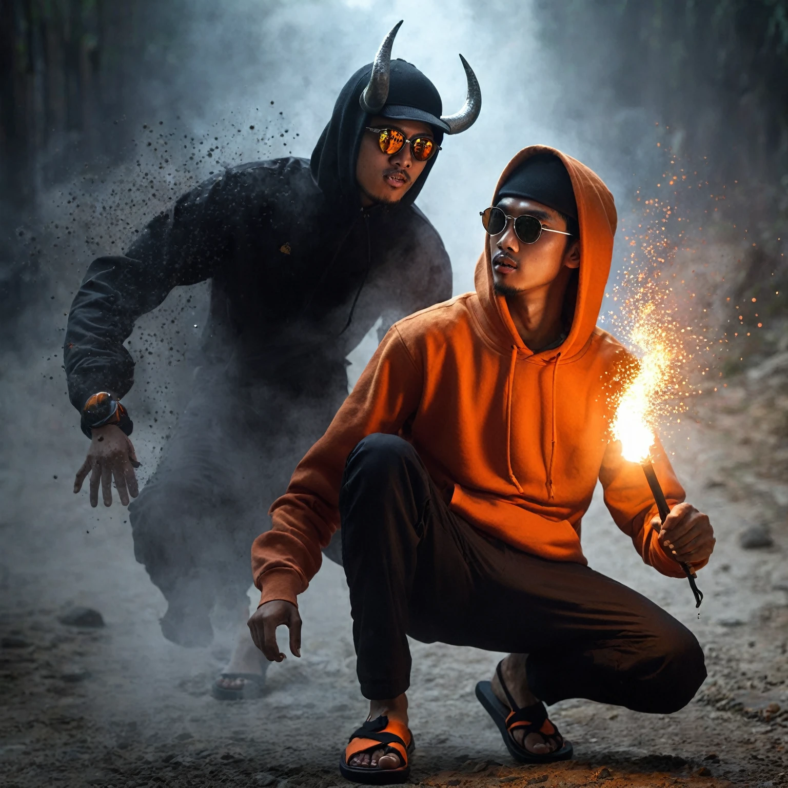 realistic photo, a man with a native Indonesian face, 25 years old, oval face, short side parted hair style, very thin body, sun glasses, wearing an orange hoodie, wearing black trousers, wearing black flip flops, wearing black Muslim hat, seen holding a torch, looks like he is fighting with the devil,You can see small rock particles scattering, the atmosphere above the night sky