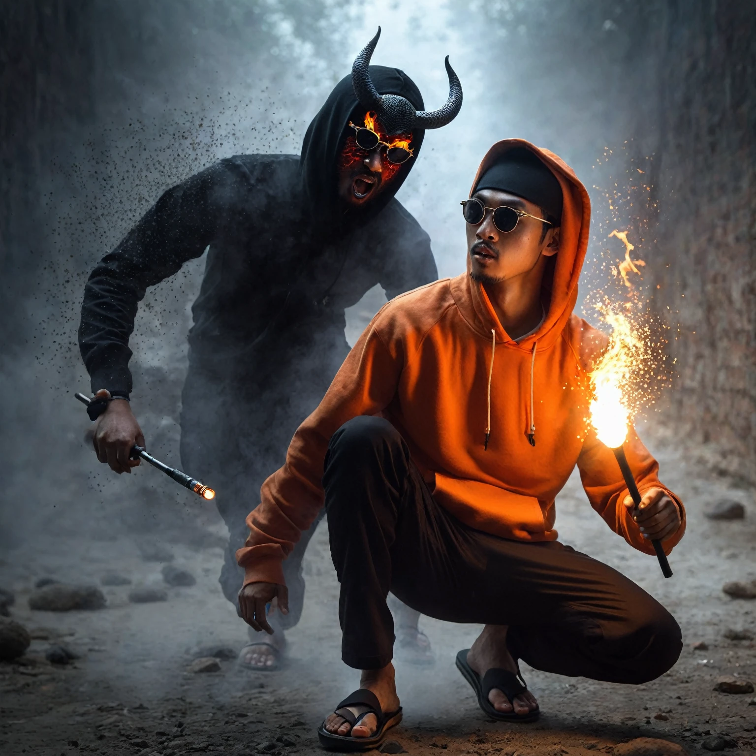 realistic photo, a man with a native Indonesian face, 25 years old, oval face, short side parted hair style, very thin body, sun glasses, wearing an orange hoodie, wearing black trousers, wearing black flip flops, wearing black Muslim hat, seen holding a torch, looks like he is fighting with the devil,You can see small rock particles scattering, the atmosphere above the night sky 