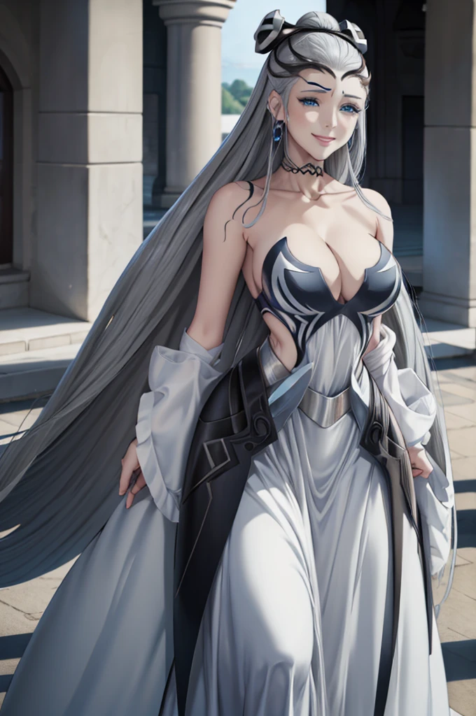 Nude Eir a gray haired blue eyed woman smiling standing white 