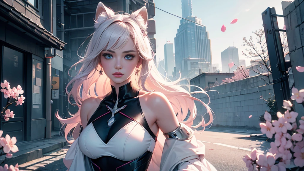 ((Highest quality)), ((masterpiece)), (detailed:1.4), Beautiful Cyberpunk Female Images,High resolution(High Dynamic Range),Ray Tracing,NVIDIA,Super Resolution,Fantasy 5,Scattered beneath the surface,PBR Textures,Post-processing,Anisotropic Filtering,Depth of written boundary、maximum definition、Sharpness、layered textures,Albedo and Specular Maps,Surface Shading,Accurate simulation of material interactions,Perfect balance,Rendering with Octane,Two-color light,Large diameter,Low ISO,White balance,Rule 3 points、8K raw data、Beautiful bright blue eyes,Off-the-shoulder clothing,Great students,Delicate face and eyes,Long eyelashes,Blush Lash,Delicate and fluffy hair,Pink Lip,Pure,Cute face,pretty girl,Artistic Sense,Casual wear,Advanced Sense,butterfly,Cherry blossom petals,Beautiful hair accessories,Long hair and waist,Hair blowing in the wind,Pure white fox ears,Carly,Snow-white fluffy tail,Positive light,Light from the rear window causes backlighting