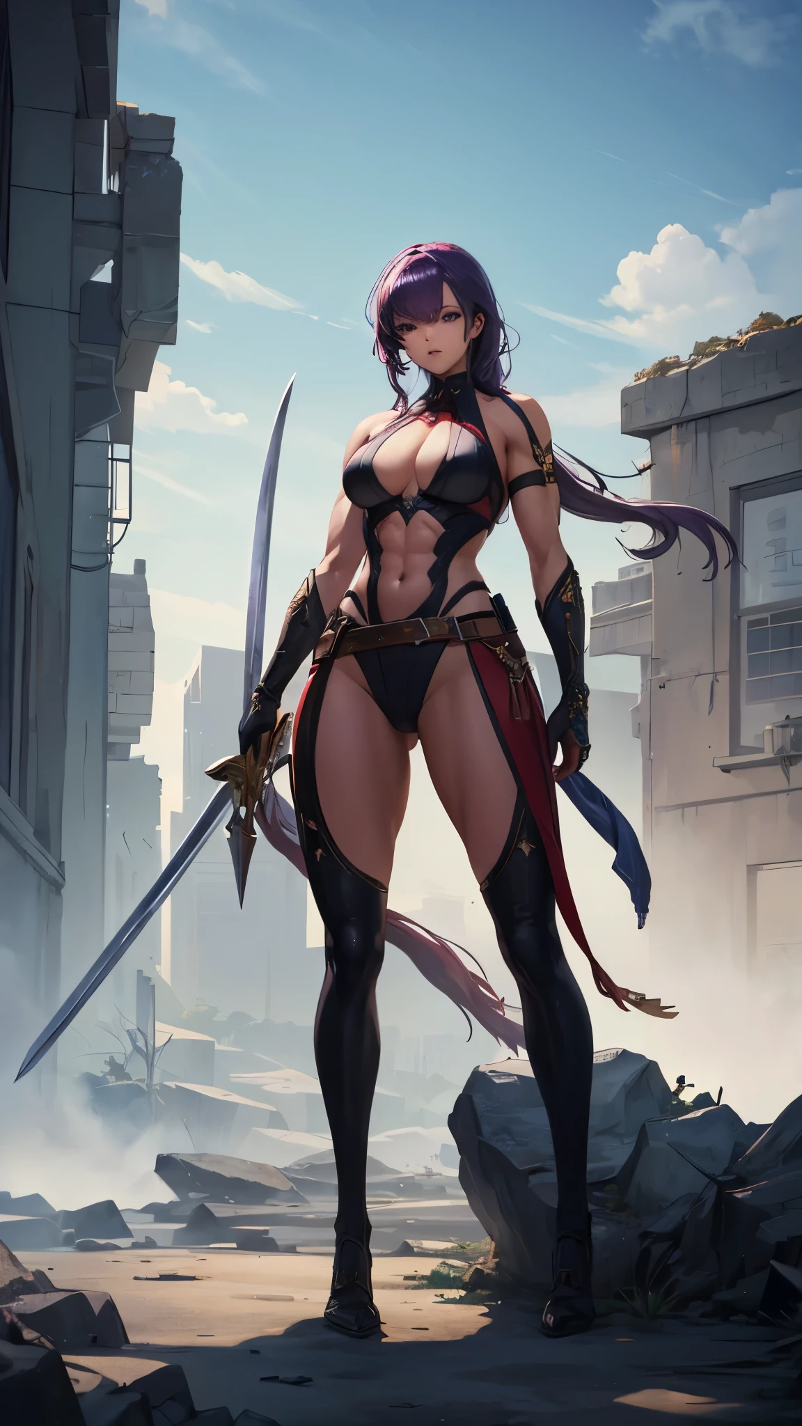 (masterpiece, 4K ,Super detailed:1.2), (anime:1), (Perfect quality), The whole body is shown, View Viewer, Holding a sword, Purple Hair, Muscular female warrior, Muscular and ultra violent women, Powerfully々And, epic swordsman, RPG concept art character