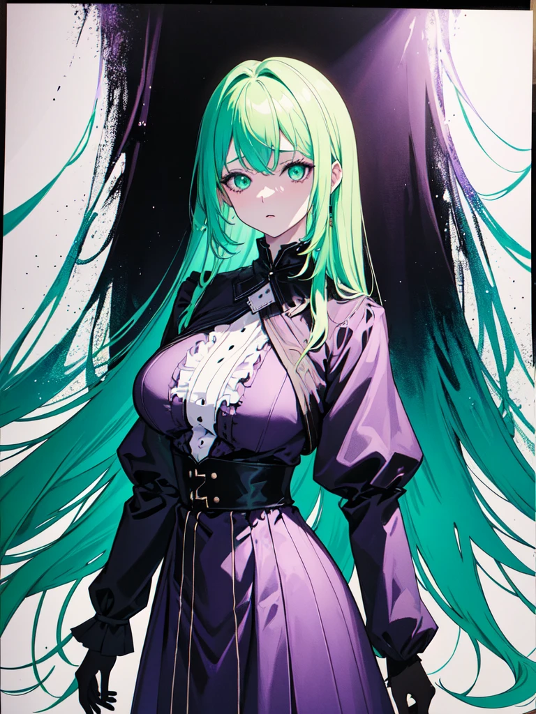 whole body絵, She is wearing a maid uniform and the background is a dark and desolate landscape., Horror movie atmosphere. Her figure is extremely beautiful, Emphasizing the dark and crazy elements. Skillfully expressing the effects of light and shadow, detailed, The face and expression of the black costume are also carefully drawn..., Artistic elements add depth to the work. The overall atmosphere is creepy and nightmarish..., With a unique artistic touch. This movie is、The dark and crazy world of horror movies depicted in HD., Evoke visual stimuli and aesthetic sense, It will terrify and excite the audience....,sketch (Character design sheet, same characters, whole body, Three-View, front, ~ ~ ~ side, return) and watercolor画, （Gradient braided hair, (Ink blotches:1.1), (pale:1.2),(Light purple:1.2),(Light green:1.2)　and a mature face,tall, Wearing black tights,Green Eyes, The skin is hidden　and 1 female, Nervous,Cowboy Shot,,(Very bright:1.1), White Background, [1 Girl:7], (Tilt your head:1.2), ([sketch|watercolor \(Moderate\)]:1.15),Chaotic Abstract Background, Vector Trace, Gradient Blending, Bright colors, that&#39;wonderful, 非常にdetailed, Complex, (Very low contrast:1.4)