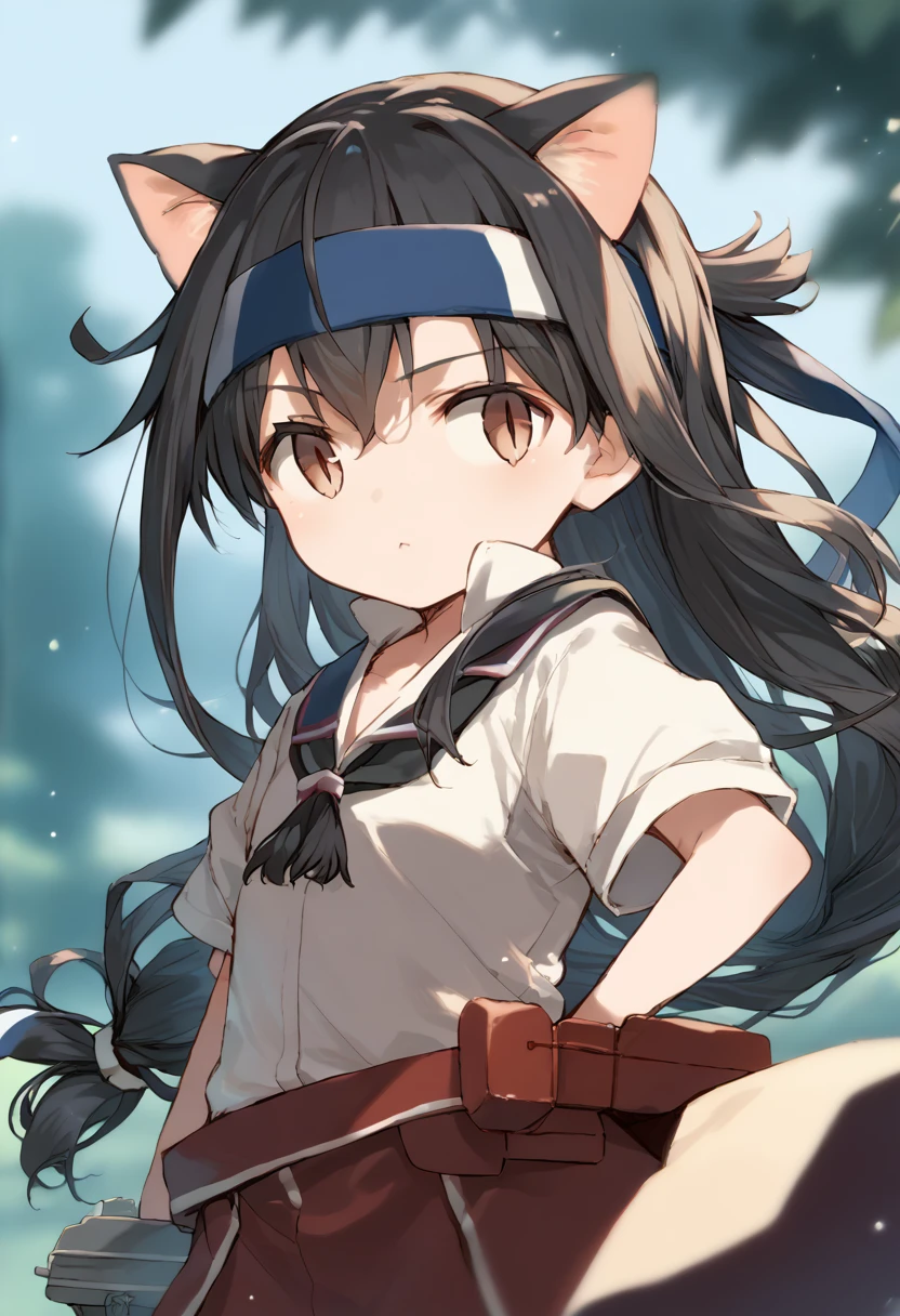 score_9,score_8_up,score_7_up,source_anime,cowboy shot,Idealized Forms,Natural Light,details background,blurry background,extremely detailed,hatsushimo(kancolle),(left(white)right(blue))headband, (black)long hair, (low-tied)hair, (black)hair,slit pupils,cat ears,chibi