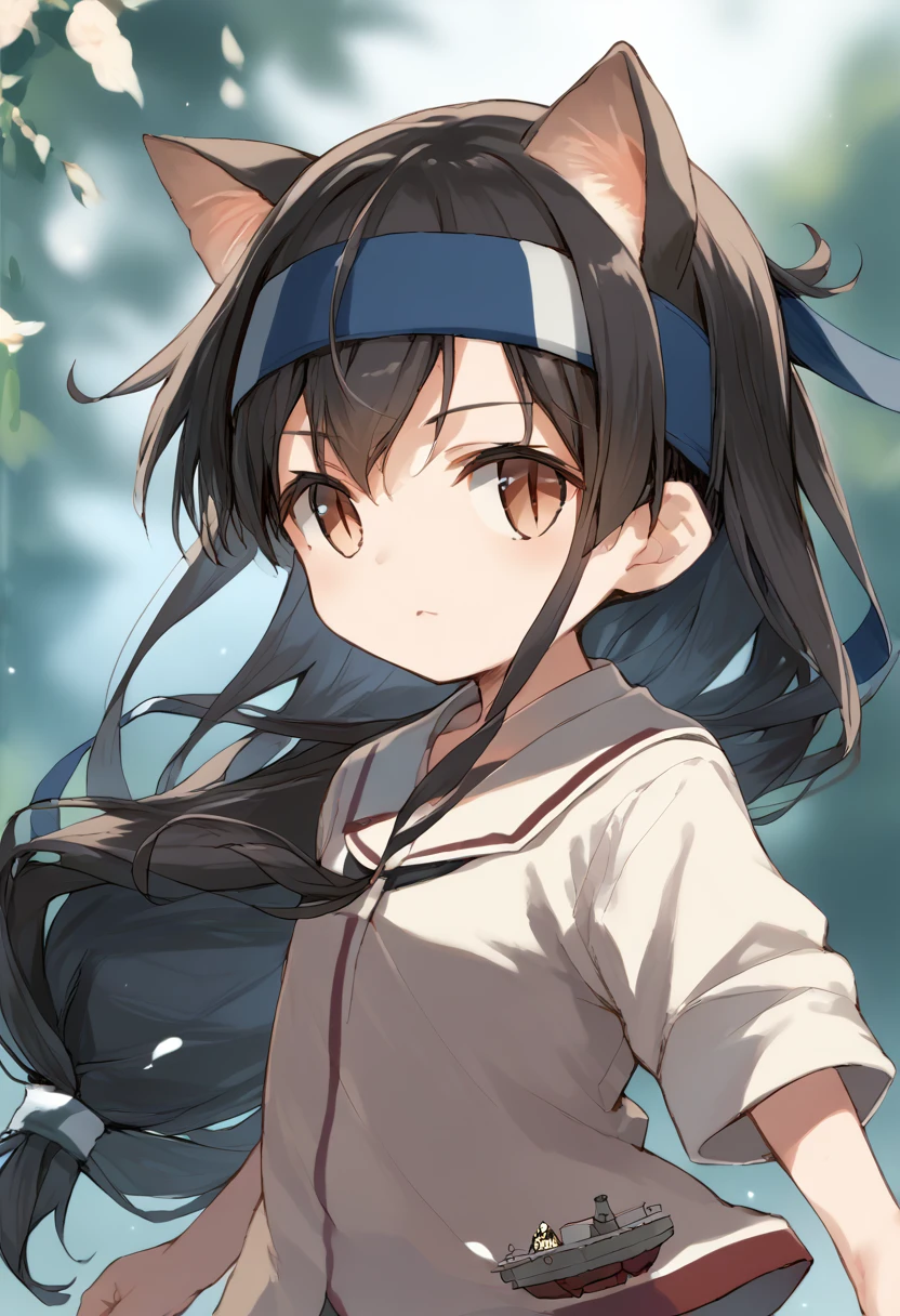 score_9,score_8_up,score_7_up,source_anime,cowboy shot,Idealized Forms,Natural Light,details background,blurry background,extremely detailed,hatsushimo(kancolle),(left(white)right(blue))headband, (black)long hair, (low-tied)hair, (black)hair,slit pupils,cat ears,chibi