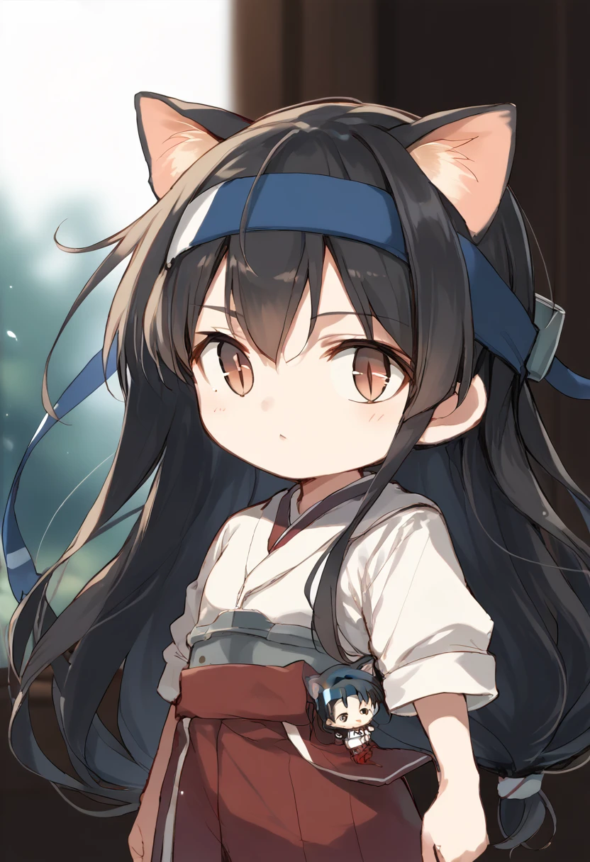 score_9,score_8_up,score_7_up,source_anime,cowboy shot,Idealized Forms,Natural Light,details background,blurry background,extremely detailed,hatsushimo(kancolle),(left(white)right(blue))headband, (black)long hair, (low-tied)hair, (black)hair,slit pupils,cat ears,chibi