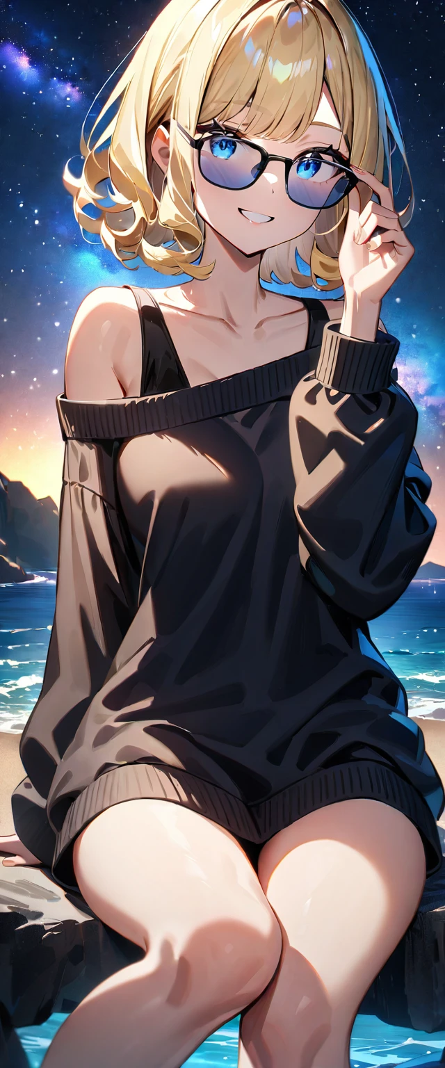 (((a starry sky, the Milky Way shining beautifully in the night))), ((bare legs)), (((sunglasses, hand to sunglasses))), (((cowboy shot))), sitting on the high cliff, ((wavy hair, inward curled hair)), ((sea, beach)), ((blond hair, bob cut:1.3)), breasts, teenager, (looking at viewer), oversized clothes, puffy long sleeves, ((off-shoulder sweater:1.3, Quite thick shoulder straps)), ((black sweater)), collarbone, head tilt:1.3, (((blue eyes))), ((happy smile)), (((anime style))), (best quality, 4K, 8K, highres, masterpiece:1.2, ultra-detailed, ultra-detailed eyes, HDR, uhd, studio lighting, ultra-fine painting, sharp focus, physically-based rendering, extreme detail description, professional, vivid colors, bokeh)