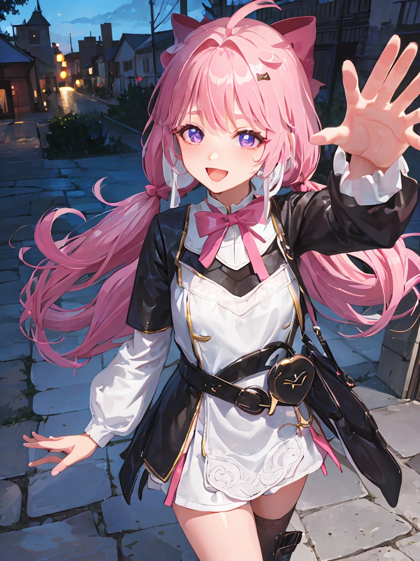 masterpiece,official art,extremely detailed cg unity 8k wallpaper,highly detailed,absurdres,8k resolution,1girl, solo, long hair, looking at viewer, blush, smile, open mouth, bangs, hair ornament, bow, twintails, purple eyes, pink hair,



ahoge, white hair, :d, hair bow, multicolored hair, horns, virtual youtuber, low twintails, pink bow,