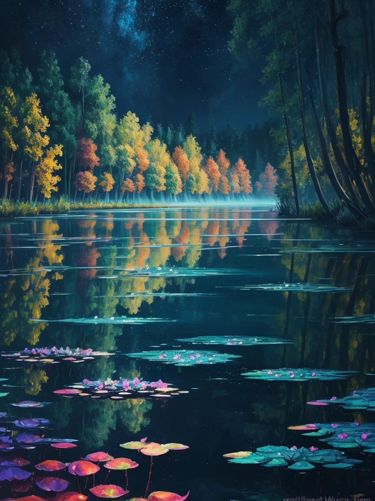 a painting of a lake with leaves floating on it at night, glowing reflections, magical colours and atmosphere, magical colors and atmosphere, monet. stunning lighting, beautifully lit landscape, river gorgeous lighting, glowing water, mystical forest lagoon, wow it is beautiful, glowing hue of teal, glowing forest, beautiful deep colors, beautiful painting, autumn night, stunning painting, mystical lake