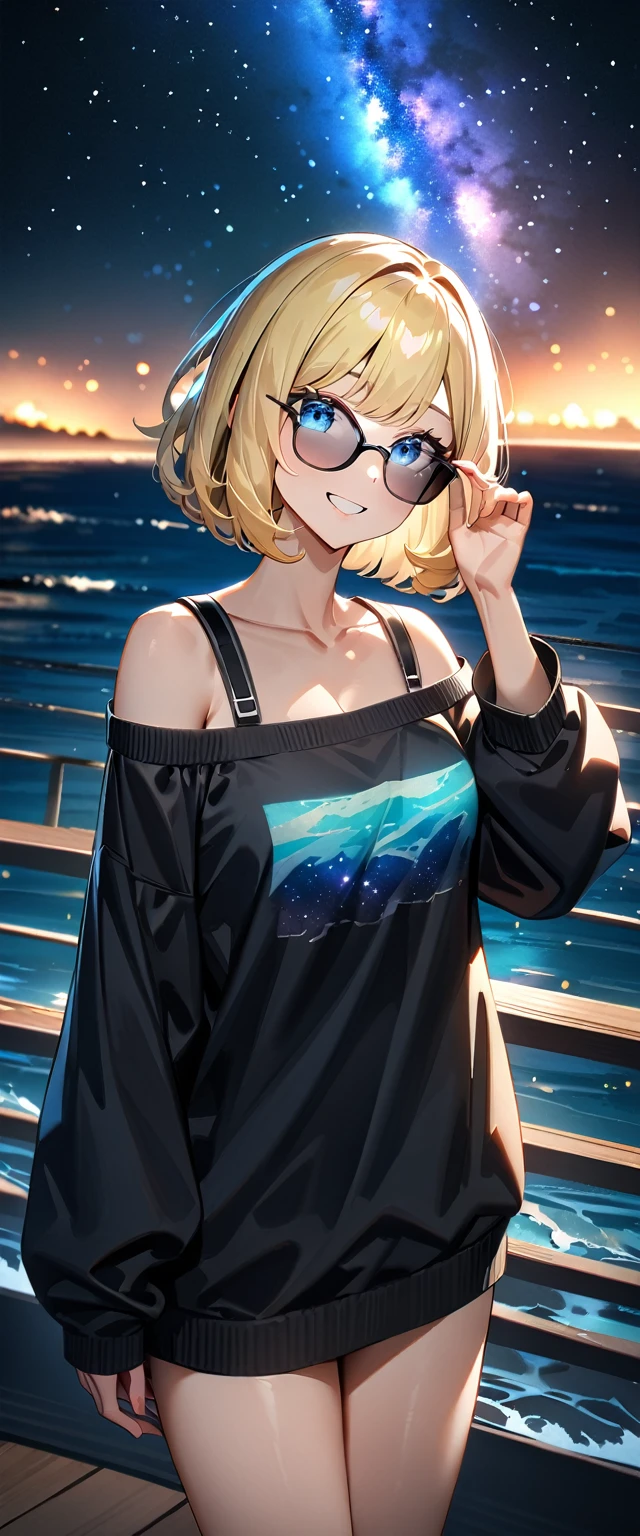 (((a starry sky, the Milky Way shining beautifully in the night))), ((bare legs)), (((sunglasses, hand to sunglasses))), (((cowboy shot))), ((wavy hair, inward curled hair)), ((sea, beach)), ((blond hair, bob cut:1.3)), breasts, teenager, (looking at viewer), oversized clothes, puffy long sleeves, ((off-shoulder sweater:1.3, Quite thick shoulder straps)), ((black sweater)), collarbone, head tilt:1.3, (((blue eyes))), ((happy smile)), (((anime style))), (best quality, 4K, 8K, highres, masterpiece:1.2, ultra-detailed, ultra-detailed eyes, HDR, uhd, studio lighting, ultra-fine painting, sharp focus, physically-based rendering, extreme detail description, professional, vivid colors, bokeh)