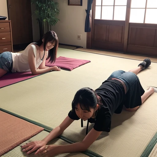 Japanese、The identical twins are middle-aged women、Completely naked、On all fours on the floor、Standing side by side, Look forward、Small breasts、Flat Chest、Flat Chest、Hemp rope bondage、２A man pulling a woman by a lead attached to a collar、A man standing looking down at a woman