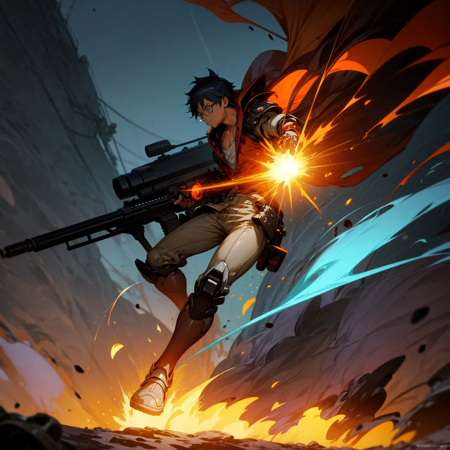 1boy, Full body version, 1character, black eyes color, tan skin, shortcut hairstyle, light blue colour hair, Glasses, streetwear style clothing, boots, Grassroots background in field city, motion blur, shadow, robot gun in hand, evolution mixed with robotics on the body, robotic hands, many items on the body, full robotic armor, smoke effects, fire effects, fire light silhouettes, fires, explosions, masterpieces, ultra HD, (one piece style art)