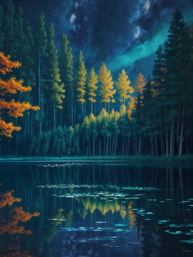 a painting of a lake with leaves floating on it at night, glowing reflections, magical colours and atmosphere, magical colors and atmosphere, monet. stunning lighting, beautifully lit landscape, river gorgeous lighting, glowing water, mystical forest lagoon, wow it is beautiful, glowing hue of teal, glowing forest, beautiful deep colors, beautiful painting, autumn night, stunning painting, mystical lake