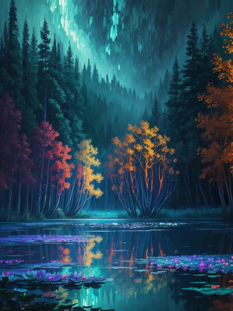 a painting of a lake with leaves floating on it at night, glowing reflections, magical colours and atmosphere, magical colors and atmosphere, monet. stunning lighting, beautifully lit landscape, river gorgeous lighting, glowing water, mystical forest lagoon, wow it is beautiful, glowing hue of teal, glowing forest, beautiful deep colors, beautiful painting, autumn night, stunning painting, mystical lake
