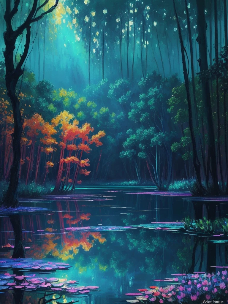 a painting of a lake with leaves floating on it at night, glowing reflections, magical colours and atmosphere, magical colors and atmosphere, monet. stunning lighting, beautifully lit landscape, river gorgeous lighting, glowing water, mystical forest lagoon, wow it is beautiful, glowing hue of teal, glowing forest, beautiful deep colors, beautiful painting, autumn night, stunning painting, mystical lake