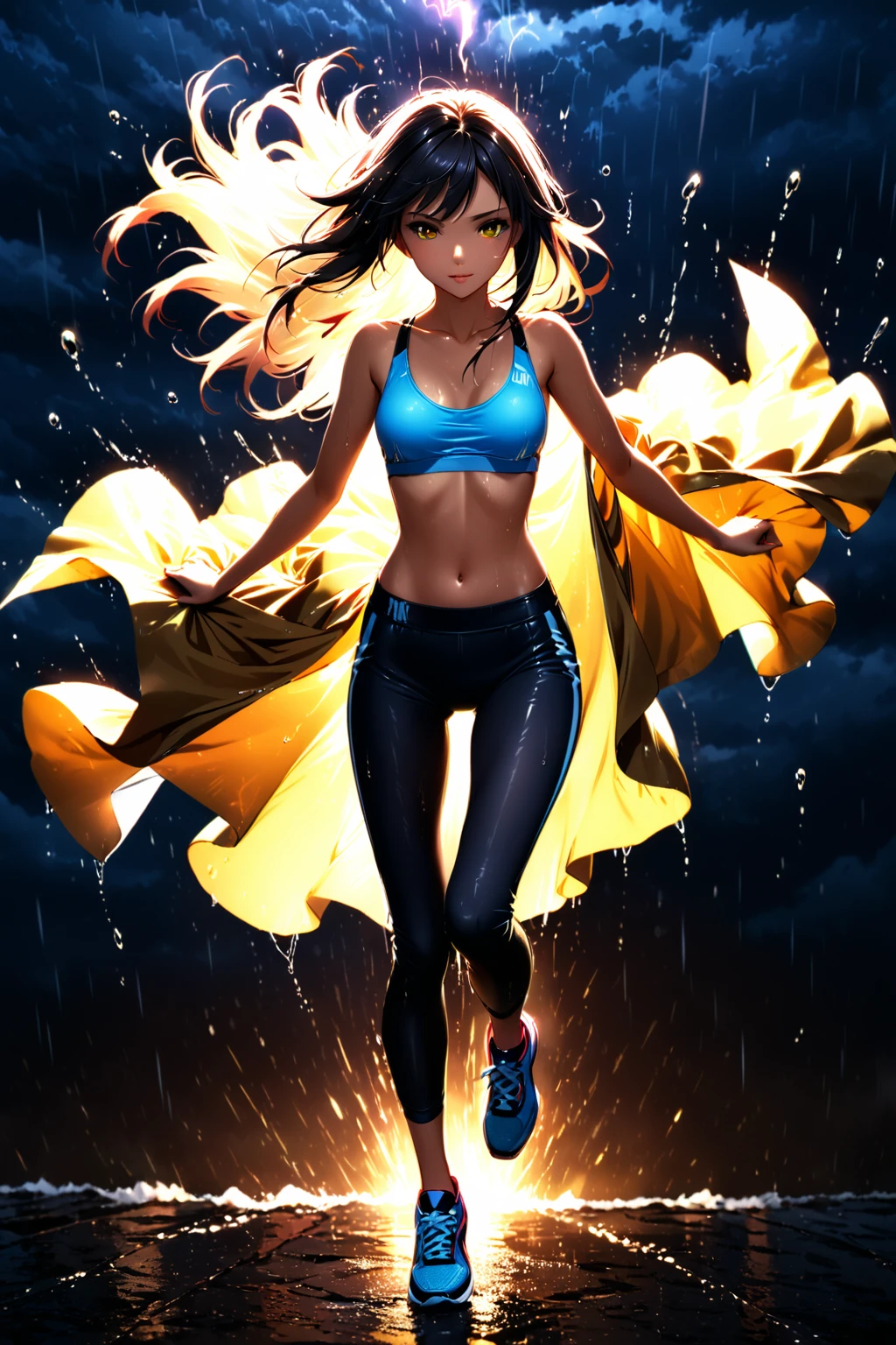 A stunning young woman, dressed in sleek black training pants and matching sport shoes, twirls and leaps through a downpour of raindrops, her movements dynamic and carefree. The lighting is electrifying, with flashes of lightning illuminating the dark sky, casting a dramatic glow on the scene. Her mid-length hair flows behind her like a golden cloak as she dances, her medium-sized breasts gently bouncing with each step. A masterpiece of athleticism and beauty, captured in high-definition.