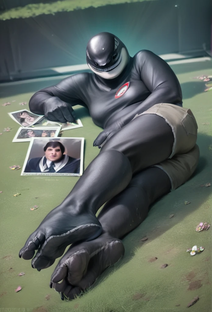 A chubby, muscular, furry orca-like creature lying on the grass on its stomach, viewed from below, wearing only shorts, with a smirking expression, detailed eyes, black eyebrows, and blue sky eyes, surrounded by sunlight, with hints of sweat and a faint odor of feet, in the style of Zixiong and Takemoto Arashi, (best quality,4k,8k,highres,masterpiece:1.2),ultra-detailed,(realistic,photorealistic,photo-realistic:1.37)