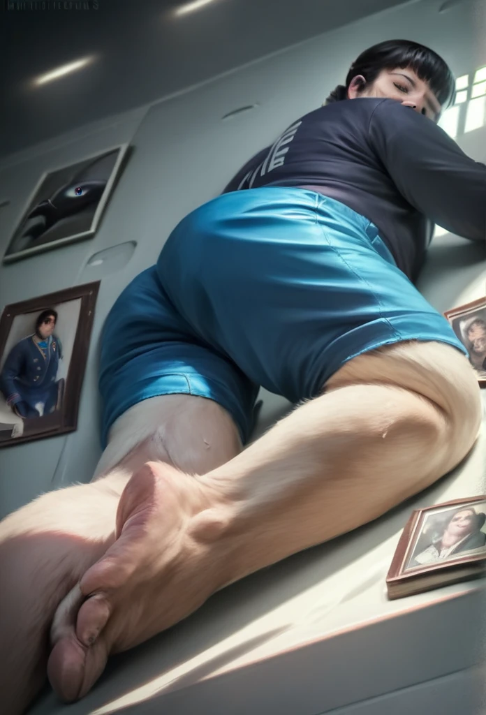 A chubby, muscular, furry orca-like creature lying on the grass on its stomach, viewed from below, wearing only shorts, with a smirking expression, detailed eyes, black eyebrows, and blue sky eyes, surrounded by sunlight, with hints of sweat and a faint odor of feet, in the style of Zixiong and Takemoto Arashi, (best quality,4k,8k,highres,masterpiece:1.2),ultra-detailed,(realistic,photorealistic,photo-realistic:1.37)