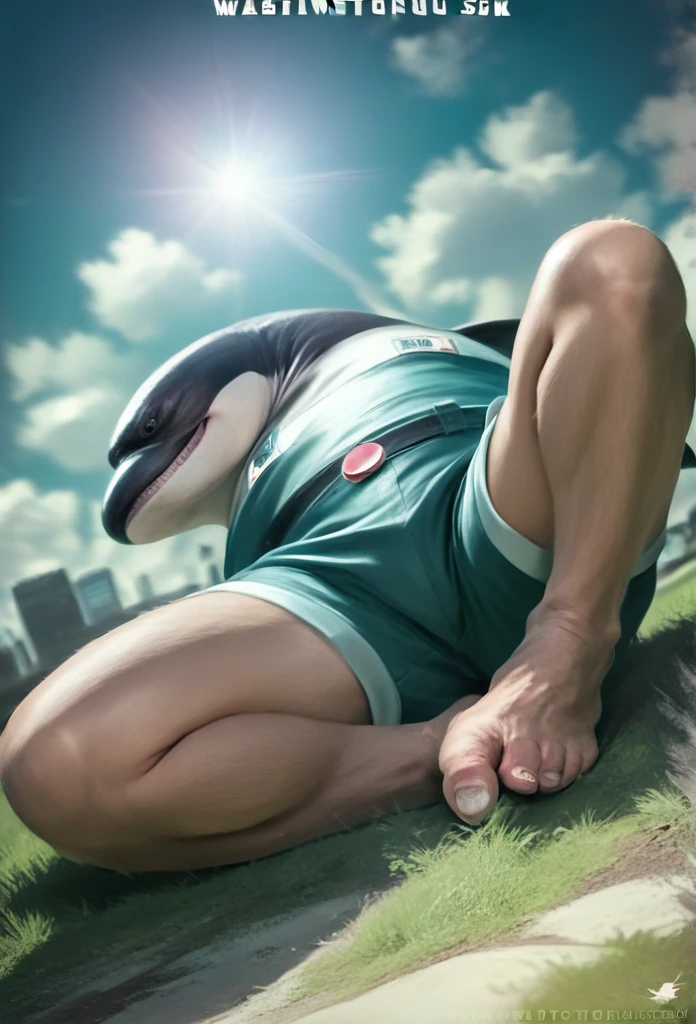 A chubby, muscular, furry orca-like creature lying on the grass on its stomach, viewed from below, wearing only shorts, with a smirking expression, detailed eyes, black eyebrows, and blue sky eyes, surrounded by sunlight, with hints of sweat and a faint odor of feet, in the style of Zixiong and Takemoto Arashi, (best quality,4k,8k,highres,masterpiece:1.2),ultra-detailed,(realistic,photorealistic,photo-realistic:1.37)