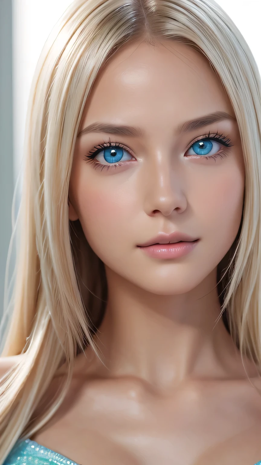 Dressed、(Photorealistic:1.4)、(ハイパーRealistic:1.4)、(Realistic:1.3)、(Smooth lighting:1.05)、(Improved cinematic lighting quality:0.9)、32k、1 Girl、Very cute expression、A beautiful 16 year old blonde girl、bangs that fall on the face、Bangs left over the eyeessy bangs between the eyes and nose、Realistic top lighting、Backlight、Face Light、Super long silky platinum hair、Blonde rays、(Bright light:1.2)、(quality improvement:1.4)、(Highest quality realistic textured skin:1.4)、Very beautiful, detailed, shiny, very bright, mint blue, large eyes、Very big eyes、Detailed face、A careful eye for quality、(Tired, sleepy and satisfied: 0.0)、Face close up、T-Shirts、(Enhances the body line:1.1)、(Enhances the beauty of skin texture:1.1)、Cheek gloss highlighter、Small Face Beauty、Round face