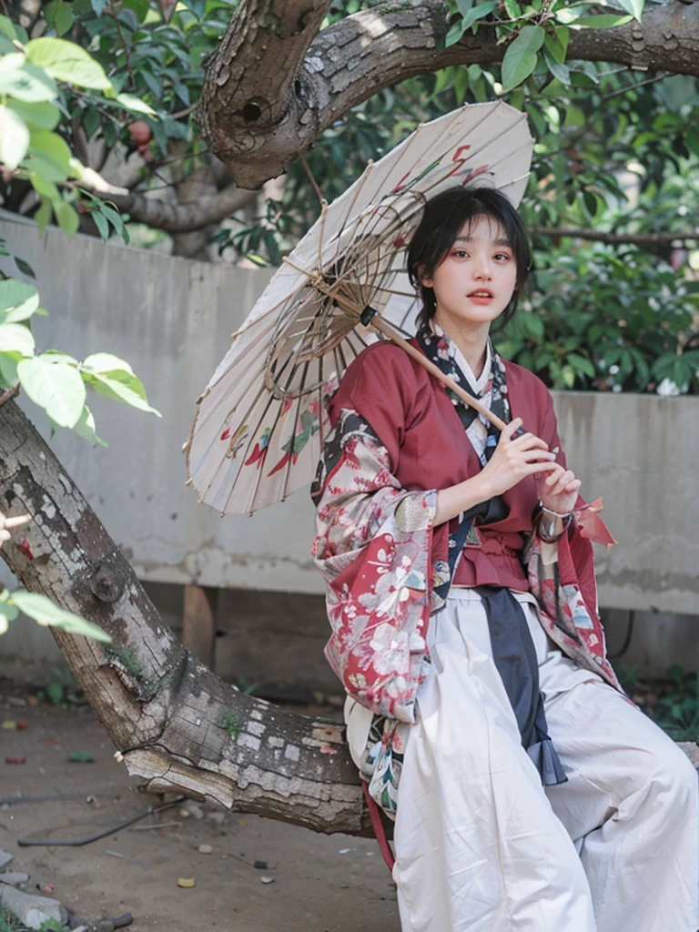 Hanfu style, 1 girl, Solitary, Black hair, black eyes, Looking at the audience, Bangs, short hair, bow, shut your mouth, Bob Cut, Mini Wings, portrait, detached , cosmetic, Upper Body, Forest Background