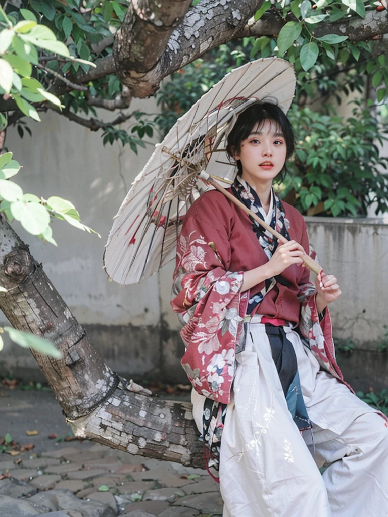 Hanfu style, 1 girl, Solitary, Black hair, black eyes, Looking at the audience, Bangs, short hair, bow, shut your mouth, Bob Cut, Mini Wings, portrait, detached , cosmetic, Upper Body, Forest Background