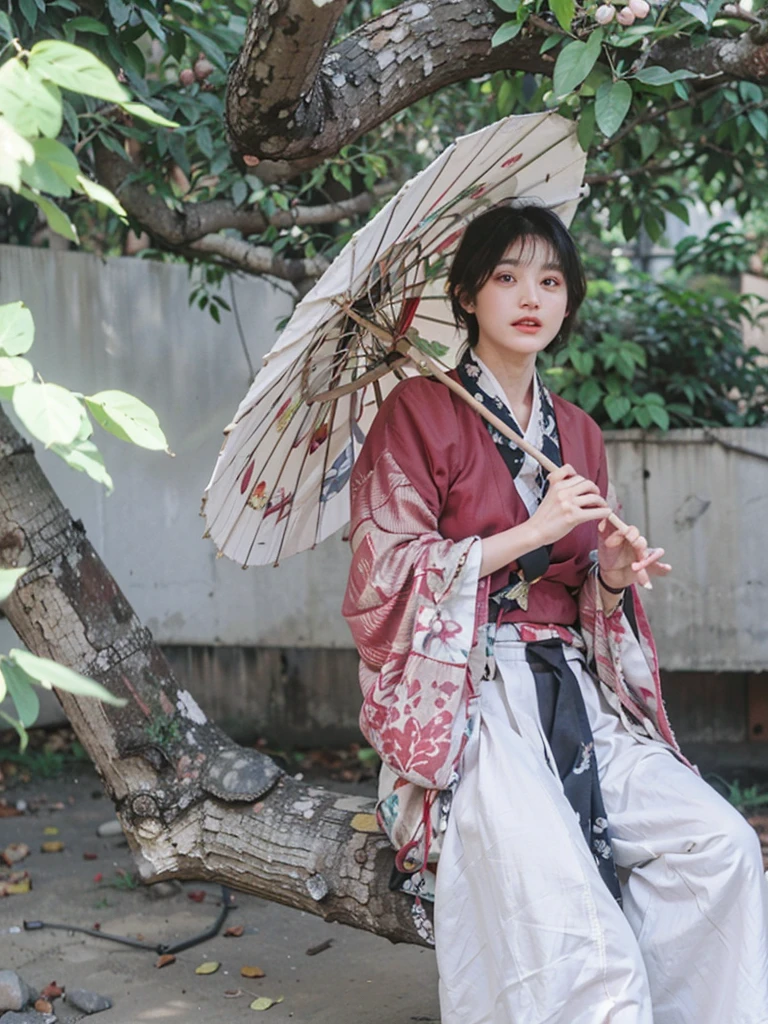Hanfu style, 1 girl, Solitary, Black hair, black eyes, Looking at the audience, Bangs, short hair, bow, shut your mouth, Bob Cut, Mini Wings, portrait, detached , cosmetic, Upper Body, Forest Background