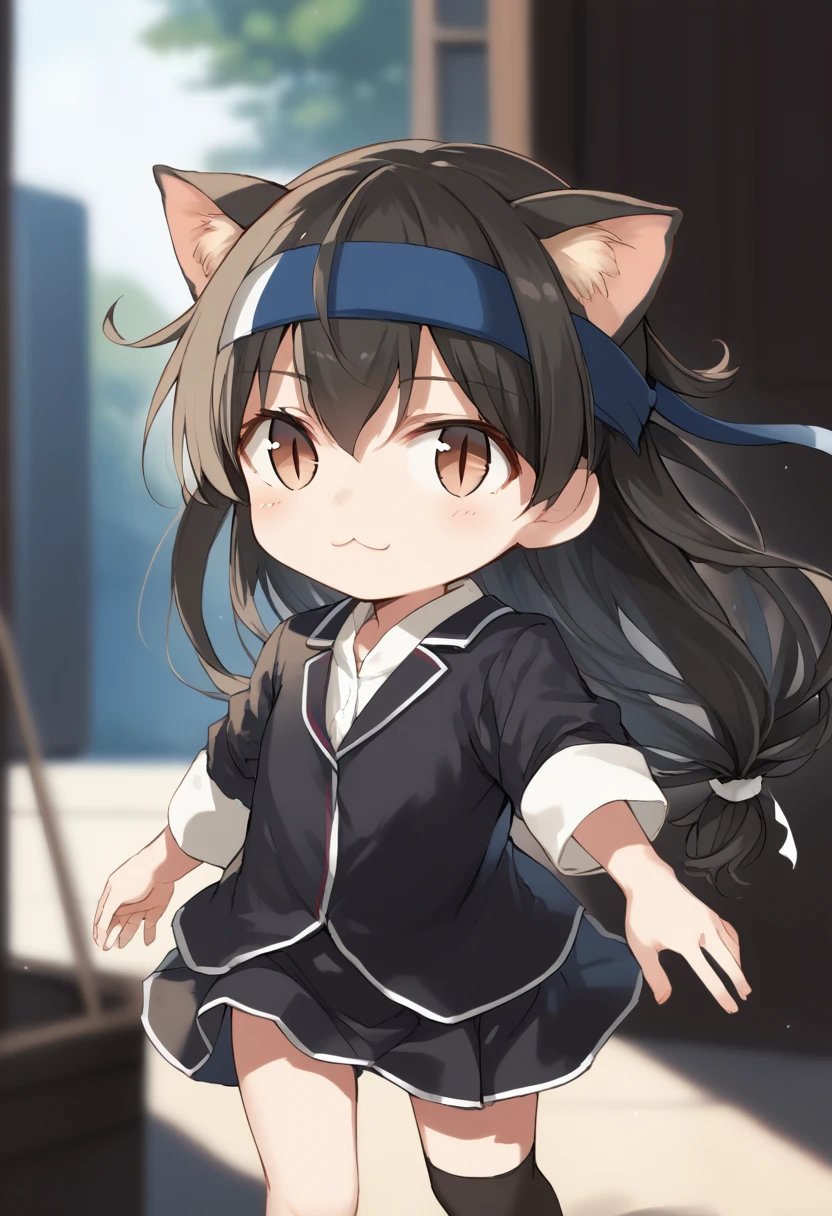 score_9,score_8_up,score_7_up,source_anime,cowboy shot,Idealized Forms,Natural Light,details background,blurry background,extremely detailed,hatsushimo(kancolle),(left(white)right(blue))headband, (black)long hair, (low-tied)hair, (black)hair,slit pupils,cat ears,chibi,shirt,blazer,black skirt,single thighhigh,
