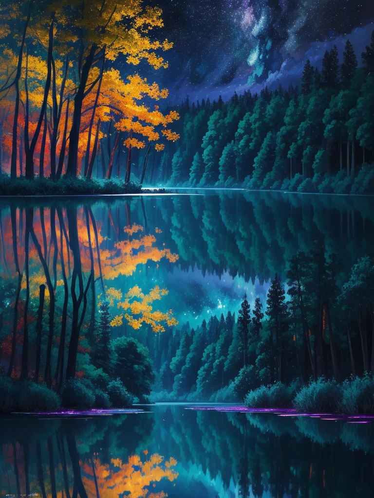 a painting of a lake with leaves floating on it at night, glowing reflections, magical colours and atmosphere, magical colors and atmosphere, monet. stunning lighting, beautifully lit landscape, river gorgeous lighting, glowing water, mystical forest lagoon, wow it is beautiful, glowing hue of teal, glowing forest, beautiful deep colors, beautiful painting, autumn night, stunning painting, mystical lake