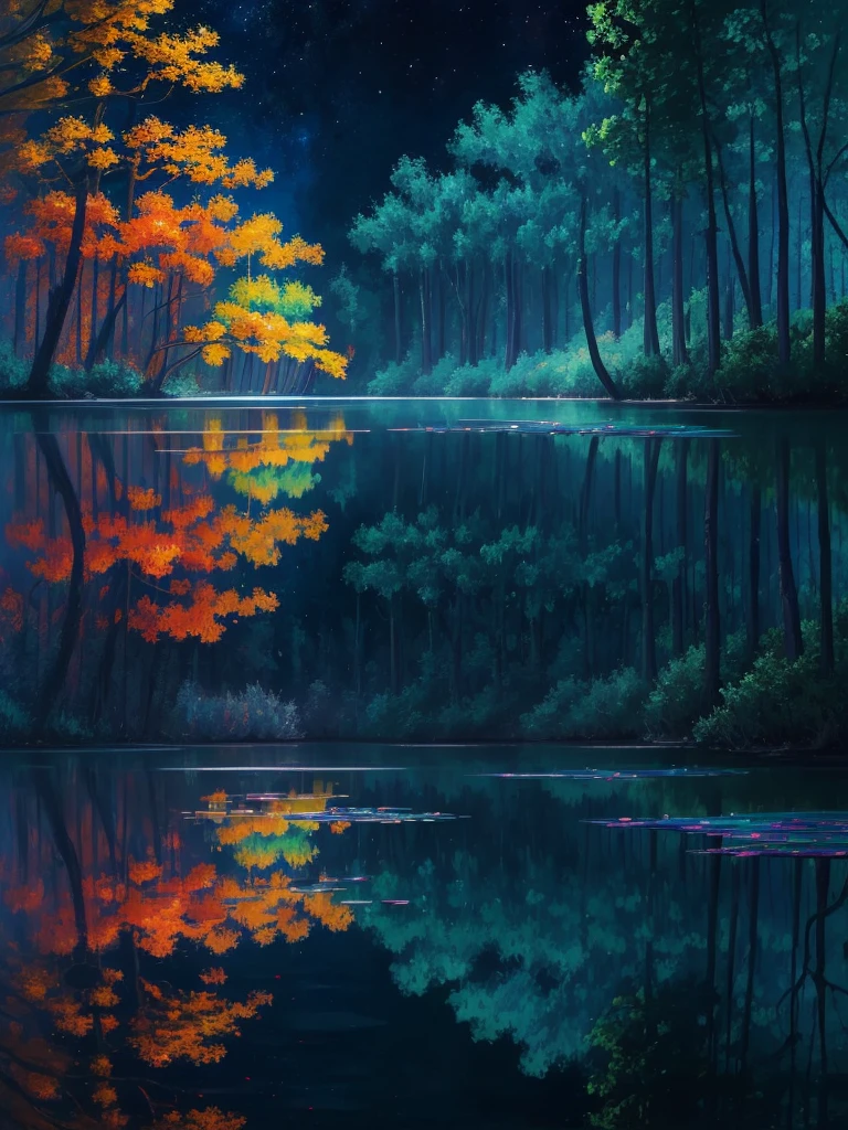 a painting of a lake with leaves floating on it at night, glowing reflections, magical colours and atmosphere, magical colors and atmosphere, monet. stunning lighting, beautifully lit landscape, river gorgeous lighting, glowing water, mystical forest lagoon, wow it is beautiful, glowing hue of teal, glowing forest, beautiful deep colors, beautiful painting, autumn night, stunning painting, mystical lake