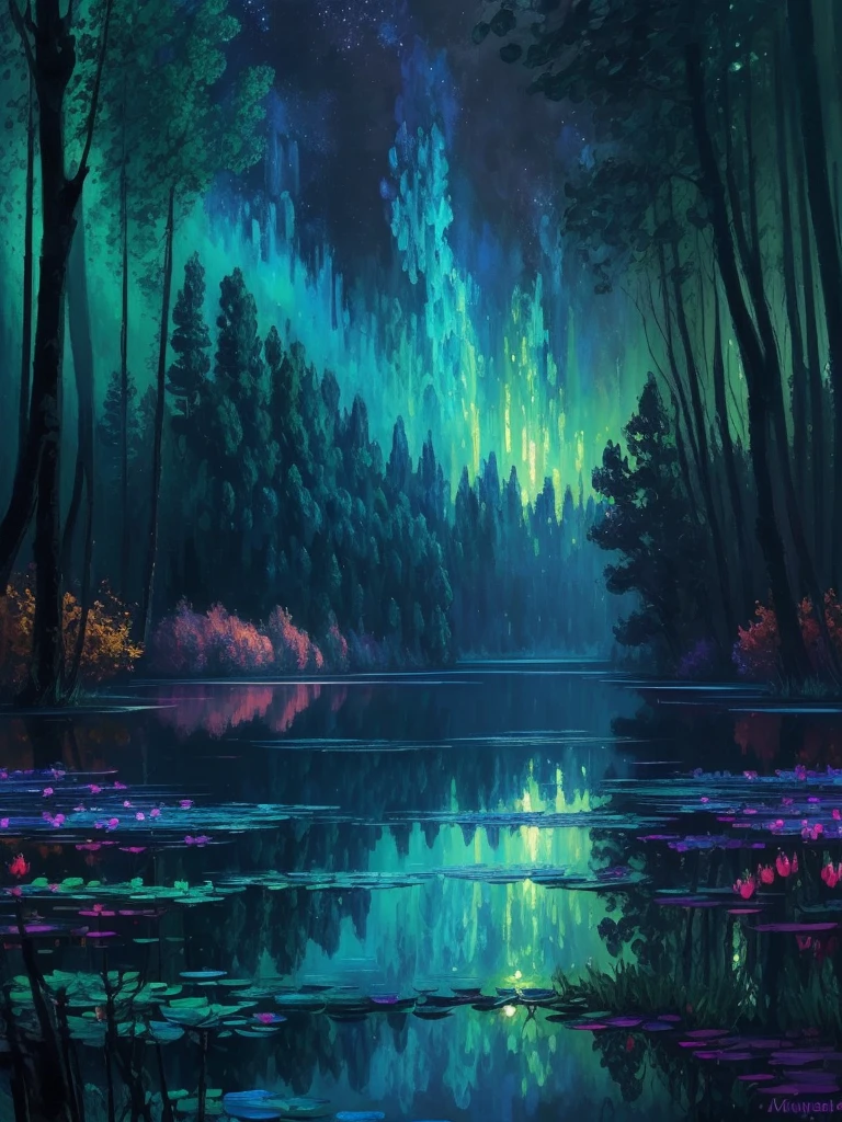 a painting of a lake with leaves floating on it at night, glowing reflections, magical colours and atmosphere, magical colors and atmosphere, monet. stunning lighting, beautifully lit landscape, river gorgeous lighting, glowing water, mystical forest lagoon, wow it is beautiful, glowing hue of teal, glowing forest, beautiful deep colors, beautiful painting, autumn night, stunning painting, mystical lake