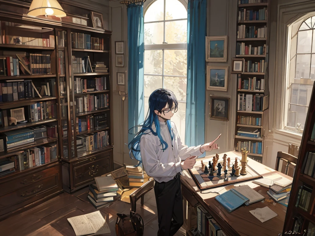 ((Highest quality)), ((masterpiece)), A man with androgynous long blue hair and a man with black hair and glasses are playing a serious game of chess (Facing each other) A room cluttered with books Both are 29 years old.