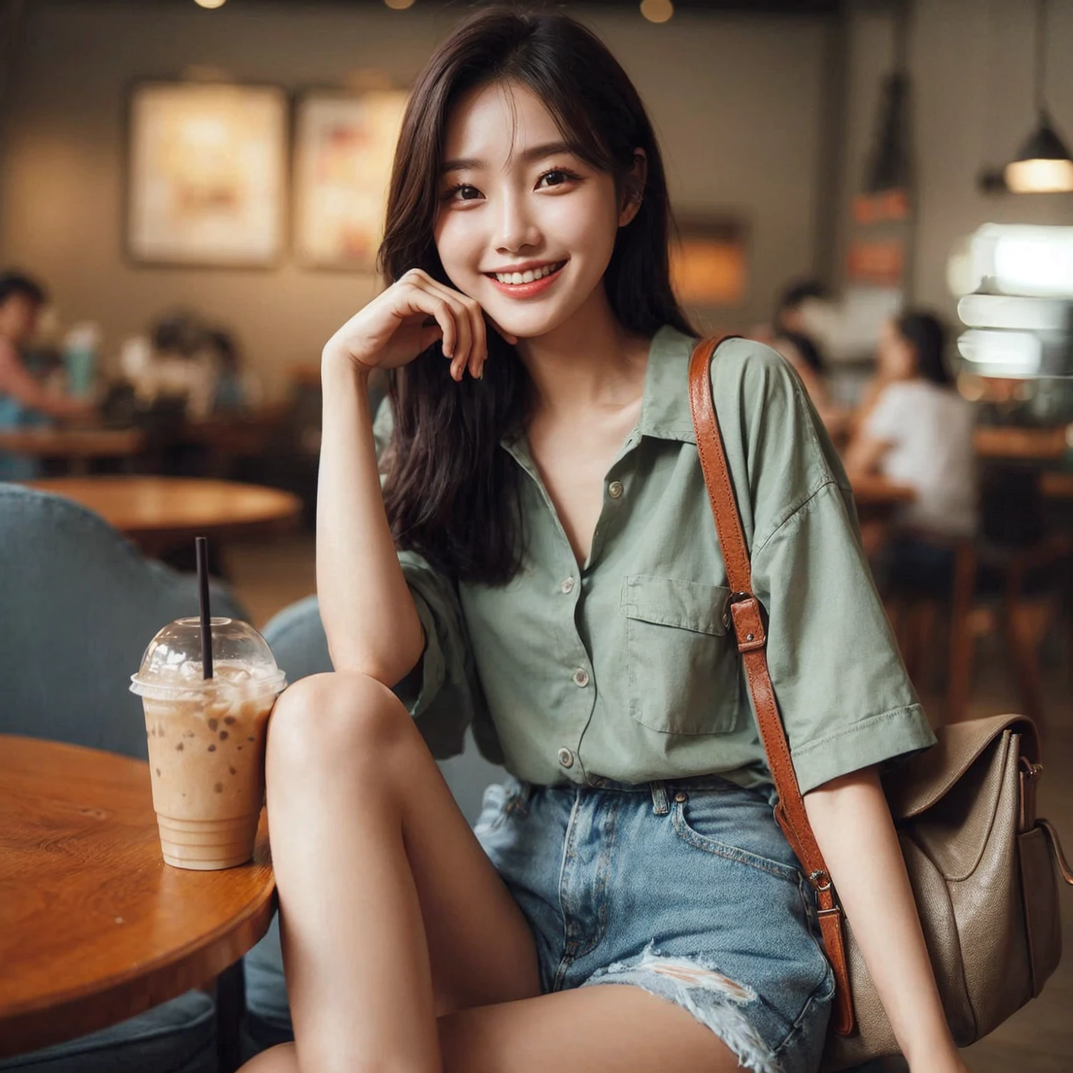 A young korean woman sitting on coffe shop. She wears a sage shirt and denim shorts, Medium Chest Size, accessorized with a small shoulder bag. She holds a drink with a straw, smiling warmly at the camera. cheerful and relaxed atmosphere of the scene. realistis photo