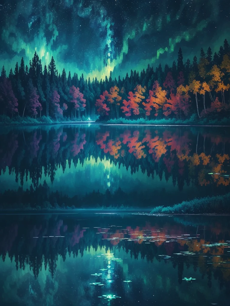 a painting of a lake with leaves floating on it at night, glowing reflections, magical colours and atmosphere, magical colors and atmosphere, monet. stunning lighting, beautifully lit landscape, river gorgeous lighting, glowing water, mystical forest lagoon, wow it is beautiful, glowing hue of teal, glowing forest, beautiful deep colors, beautiful painting, autumn night, stunning painting, mystical lake
