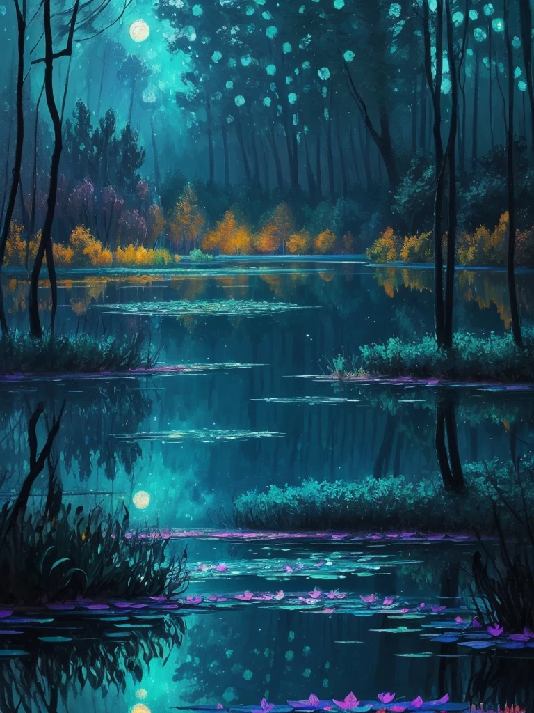 a painting of a lake with leaves floating on it at night, glowing reflections, magical colours and atmosphere, magical colors and atmosphere, monet. stunning lighting, beautifully lit landscape, river gorgeous lighting, glowing water, mystical forest lagoon, wow it is beautiful, glowing hue of teal, glowing forest, beautiful deep colors, beautiful painting, autumn night, stunning painting, mystical lake