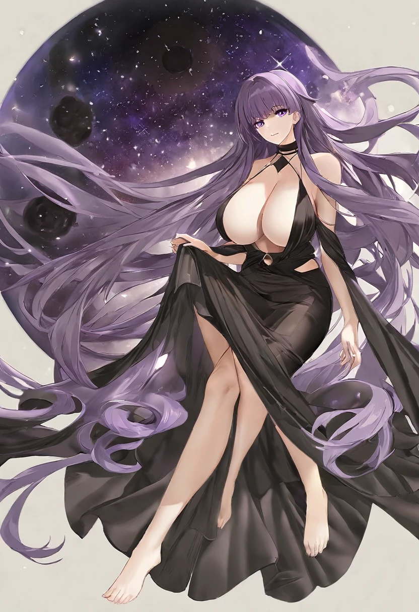 Athena,Extra long purple hair,Purple Eyes,Wearing black silk,Purple long skirt,Black long skirt,But the long skirt is very sexy and revealing,barefoot,A black hole in the universe,Purple and black black hole