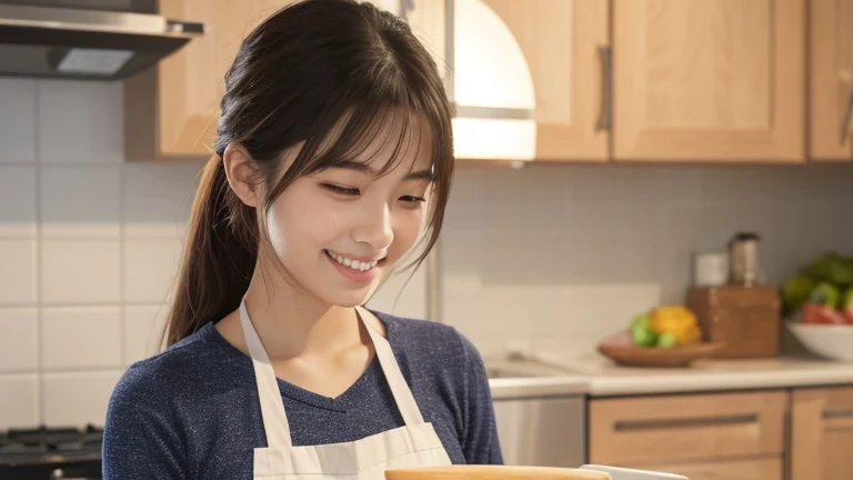 Produce the highest quality and highest resolution 8K images。Please draw the whole body of a 20 year old Japanese woman.。Please draw an image of yourself smiling and cooking in your kitchen at home.。She has brown eyes and a model figure.、She has an idol-level cute face.。The hair is wavy。What to wear、Shirt and apron。Skin has a healthy color。
